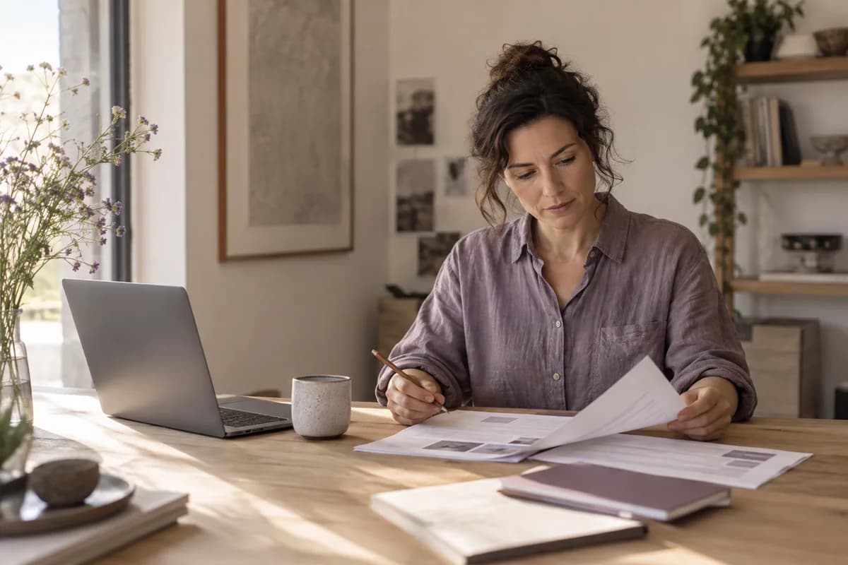 Consultant reviewing a practical client guide at her desk